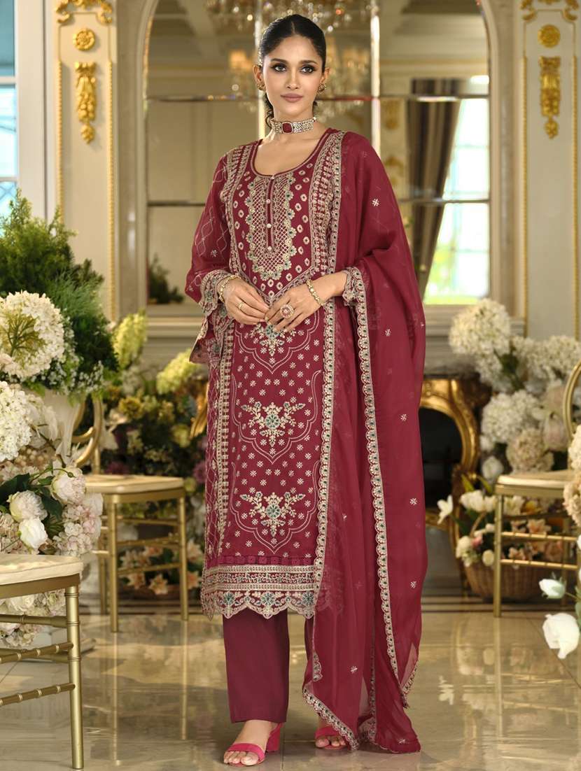 women embroidered long sleeve kurta pant with dupatta set