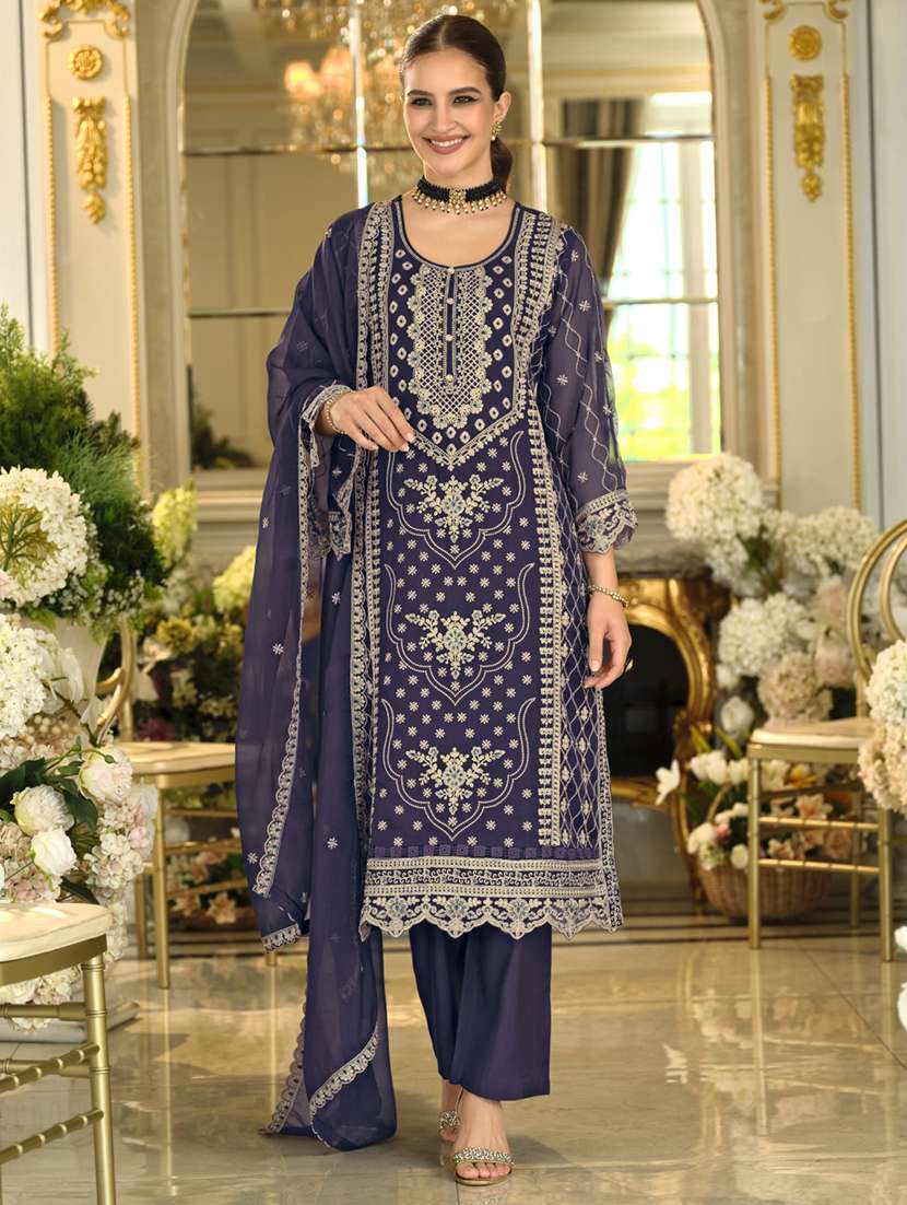 women embroidered long sleeve kurta pant with dupatta set