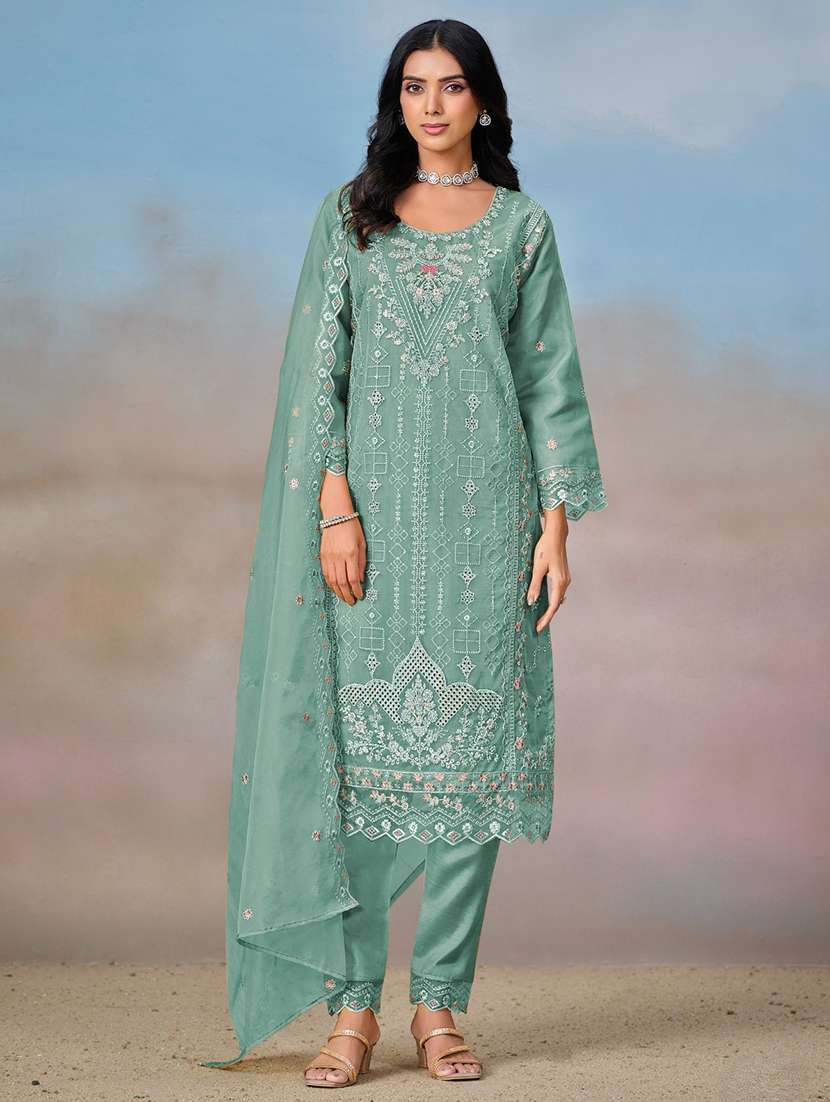 women embroidered long sleeve kurta pant with dupatta set