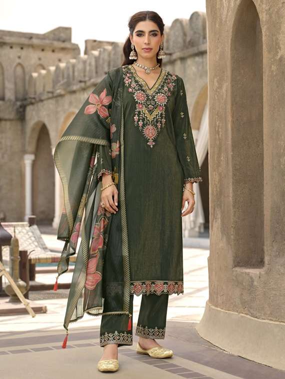 women embroidered long sleeve kurta pant with dupatta set