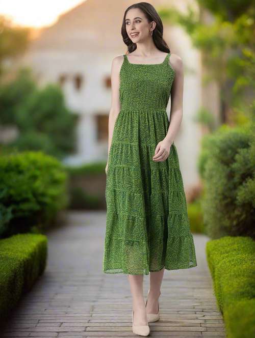 women printed shoulder strap tiered dress - 22082550 - Standard Image - 0