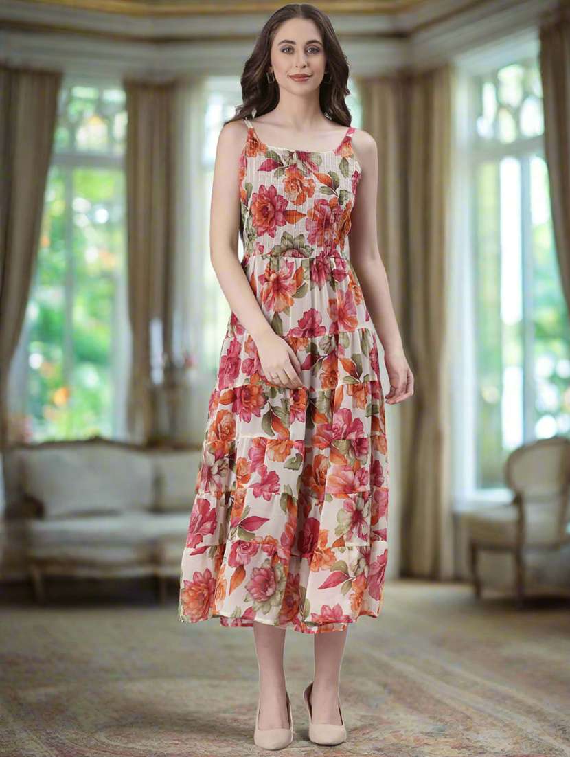 women floral print shoulder strap tiered dress - 22082551 - Standard Image - 3