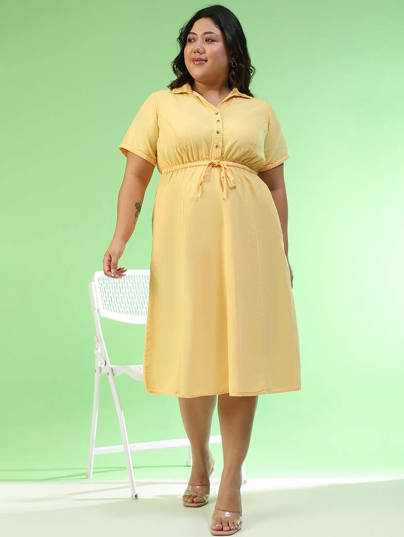 women plus size solid short sleeve collared a-line ress