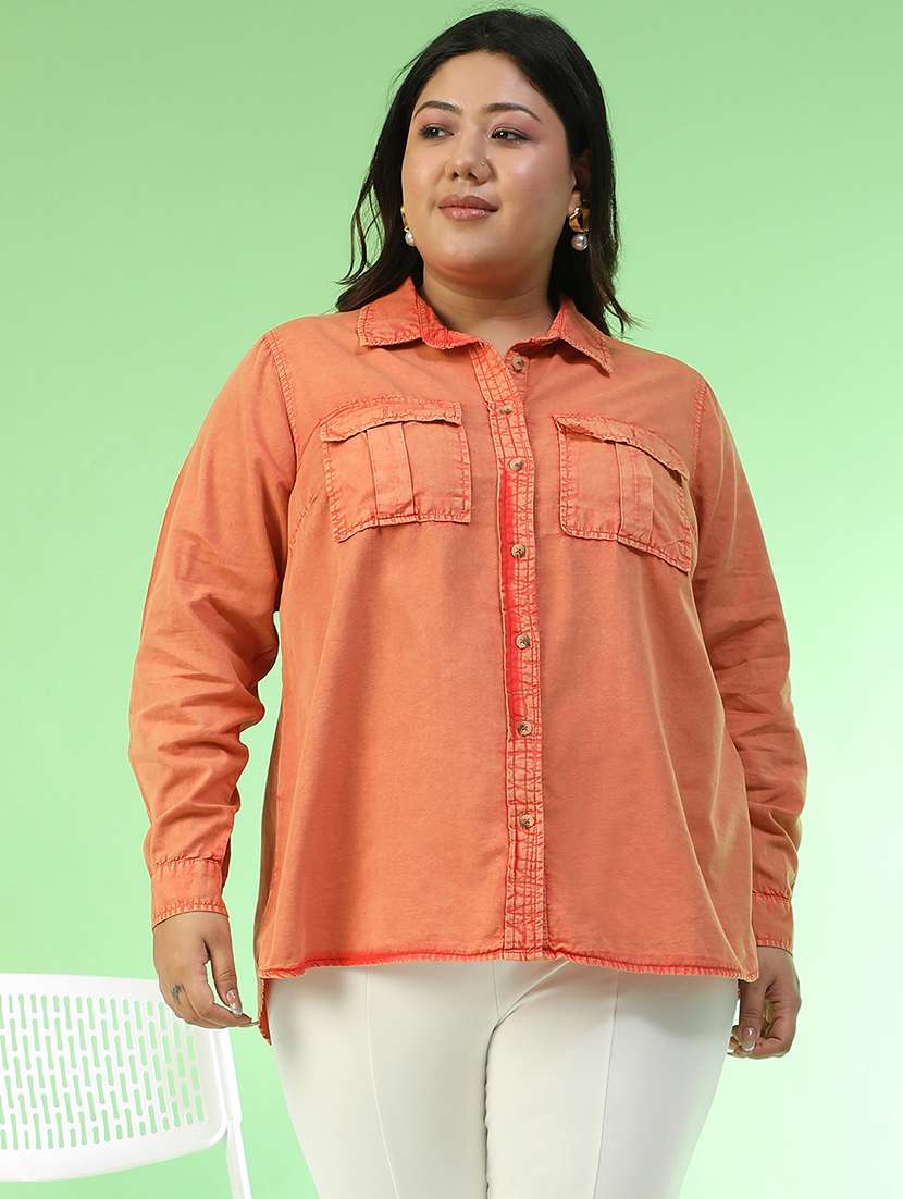 women plus size solid collared long sleeve shirt - 22082578 - Zoom Image - 0