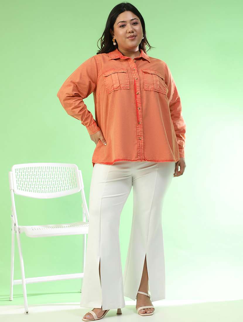 women plus size solid collared long sleeve shirt - 22082578 - Standard Image - 5