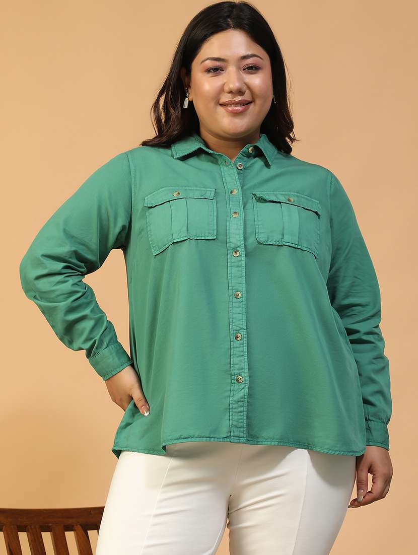 women plus size solid collared long sleeve shirt - 22082579 - Zoom Image - 0