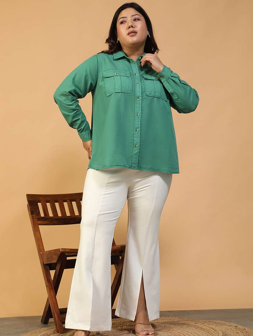 women plus size solid collared long sleeve shirt - 22082579 - Standard Image - 5