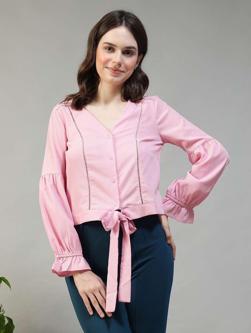 women solid puff sleeve knot detailed top - 22082589 - Zoom Image - 0