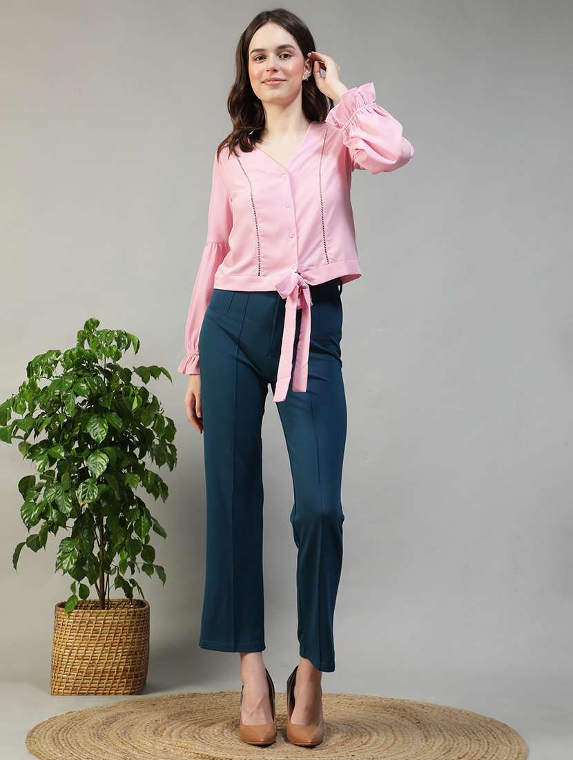 women solid puff sleeve knot detailed top - 22082589 - Standard Image - 5