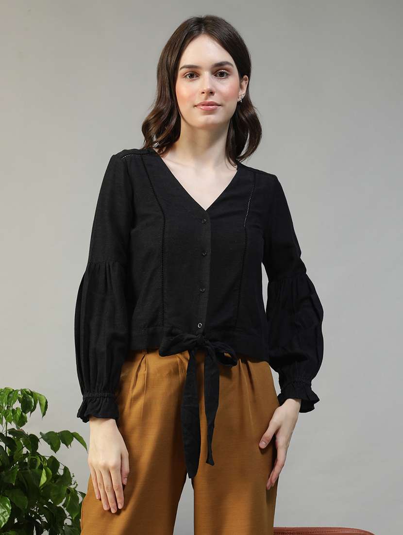 women solid puff sleeve knot detailed top