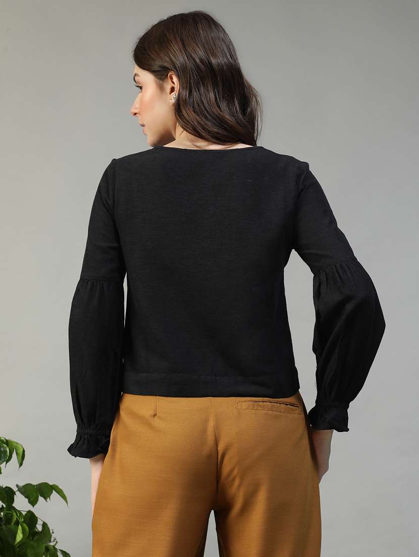 women solid puff sleeve knot detailed top - 22082591 - Standard Image - 3