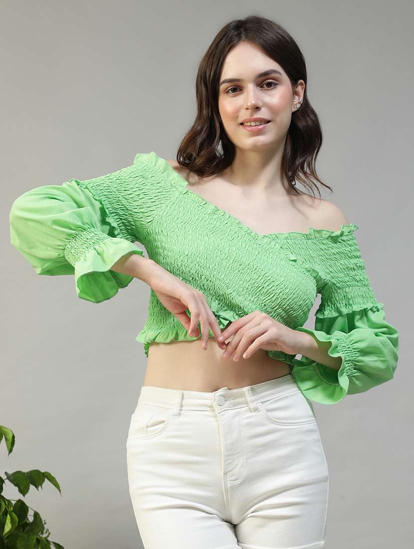 women solid off shoulder long sleeve crop top - 22082592 -  Zoom Image - 0