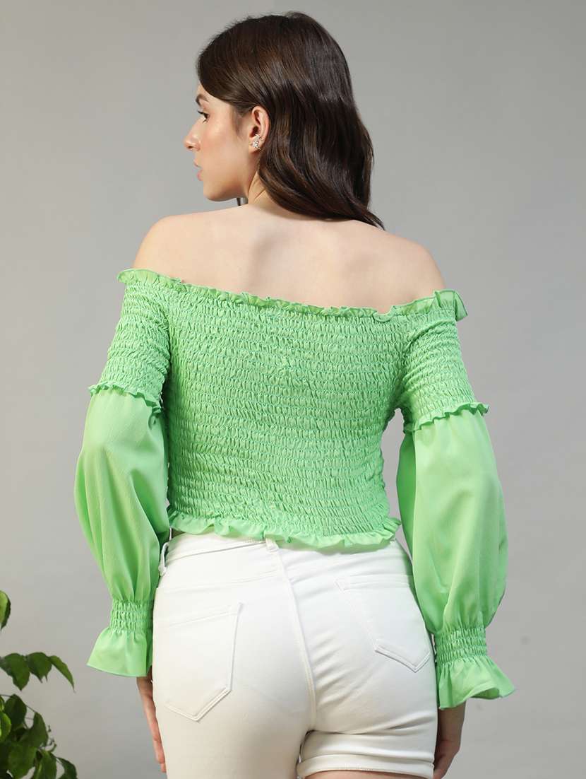 women solid off shoulder long sleeve crop top - 22082592 - Standard Image - 3