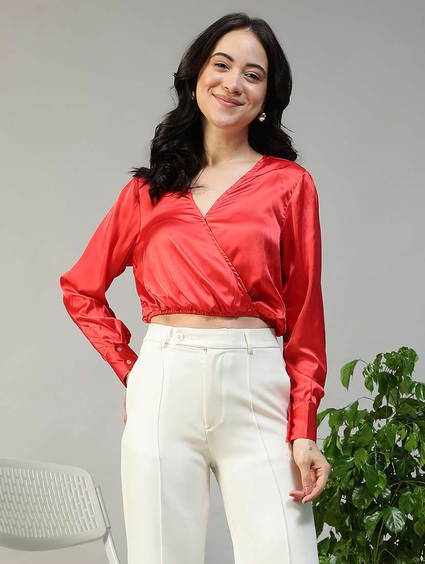 women solid long sleeve mock wrap crop top - 22082599 -  Zoom Image - 0