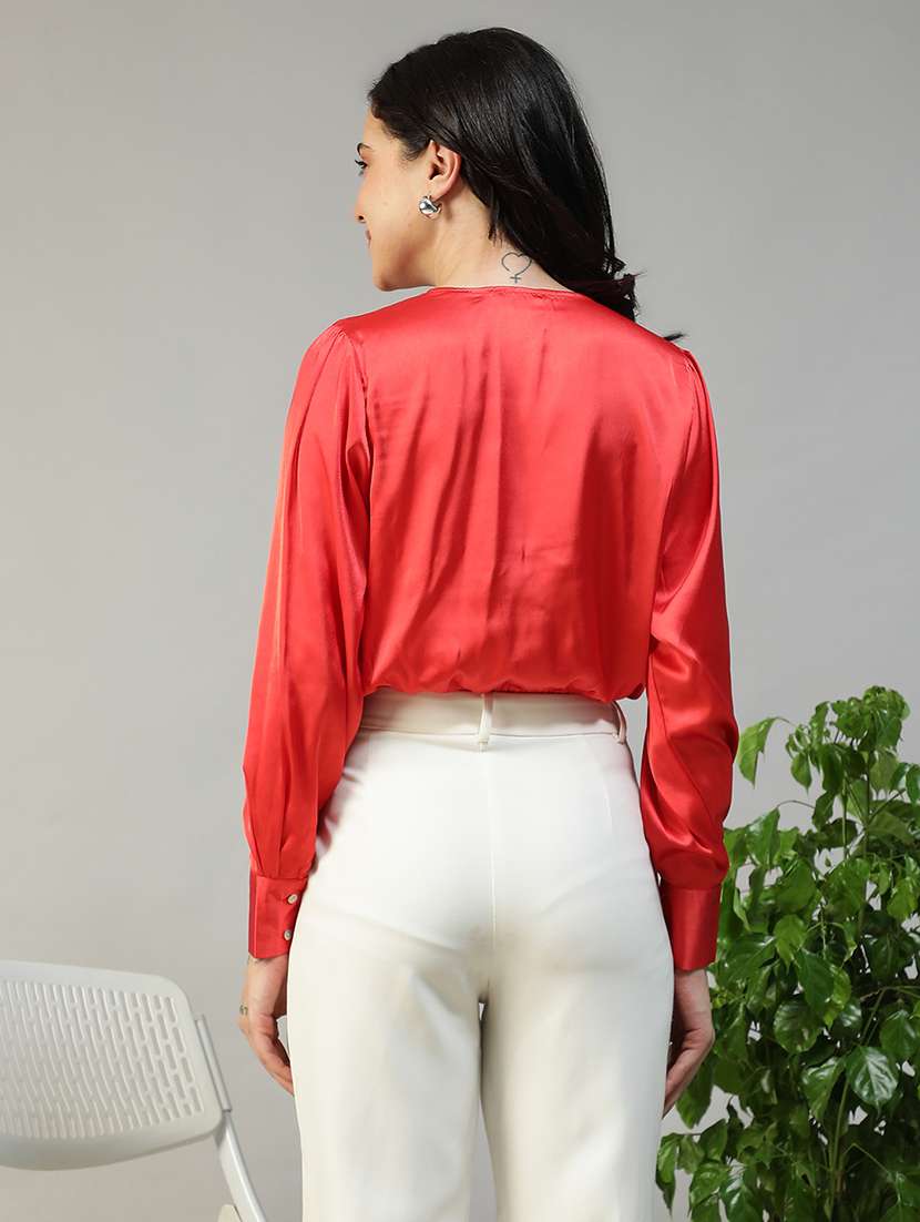 women solid long sleeve mock wrap crop top - 22082599 - Standard Image - 3