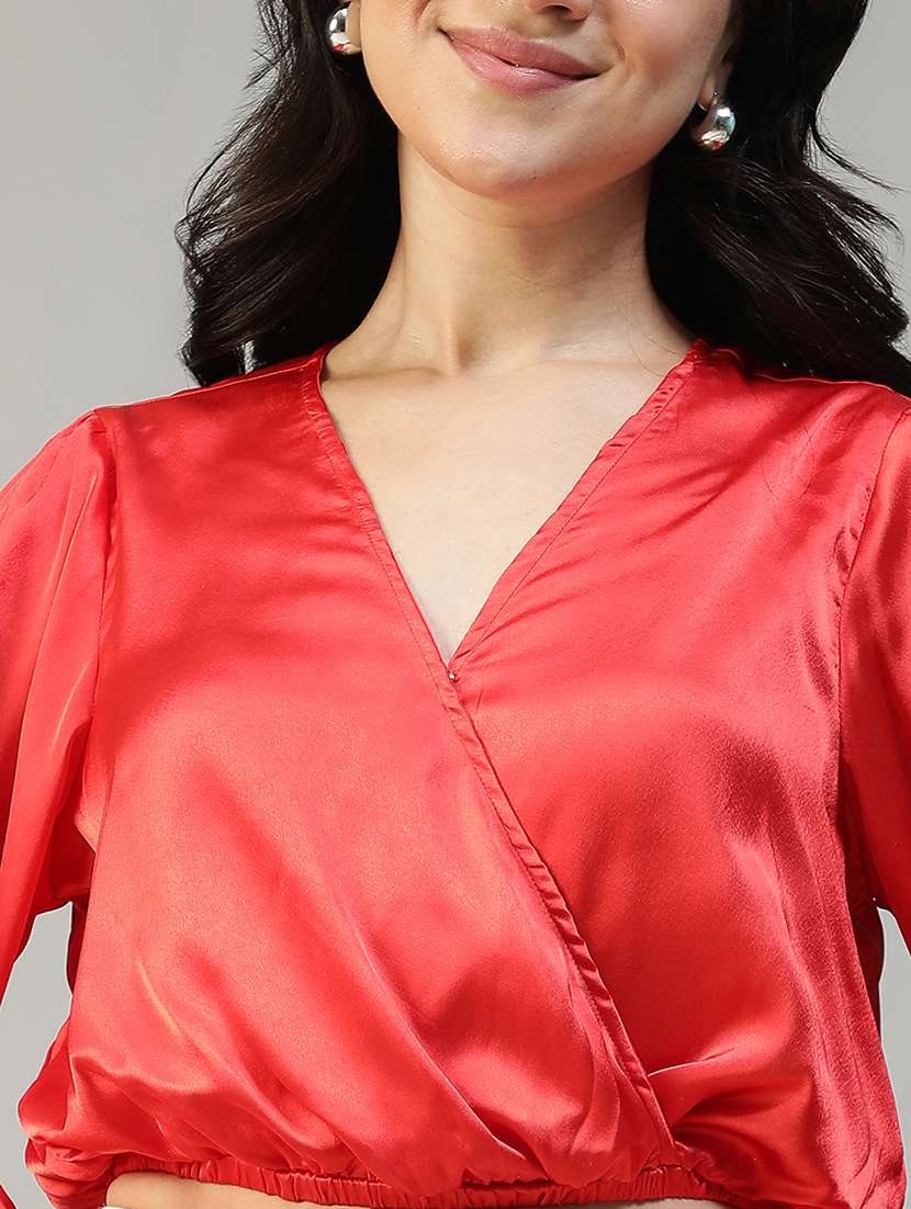 women solid long sleeve mock wrap crop top - 22082599 - Standard Image - 5