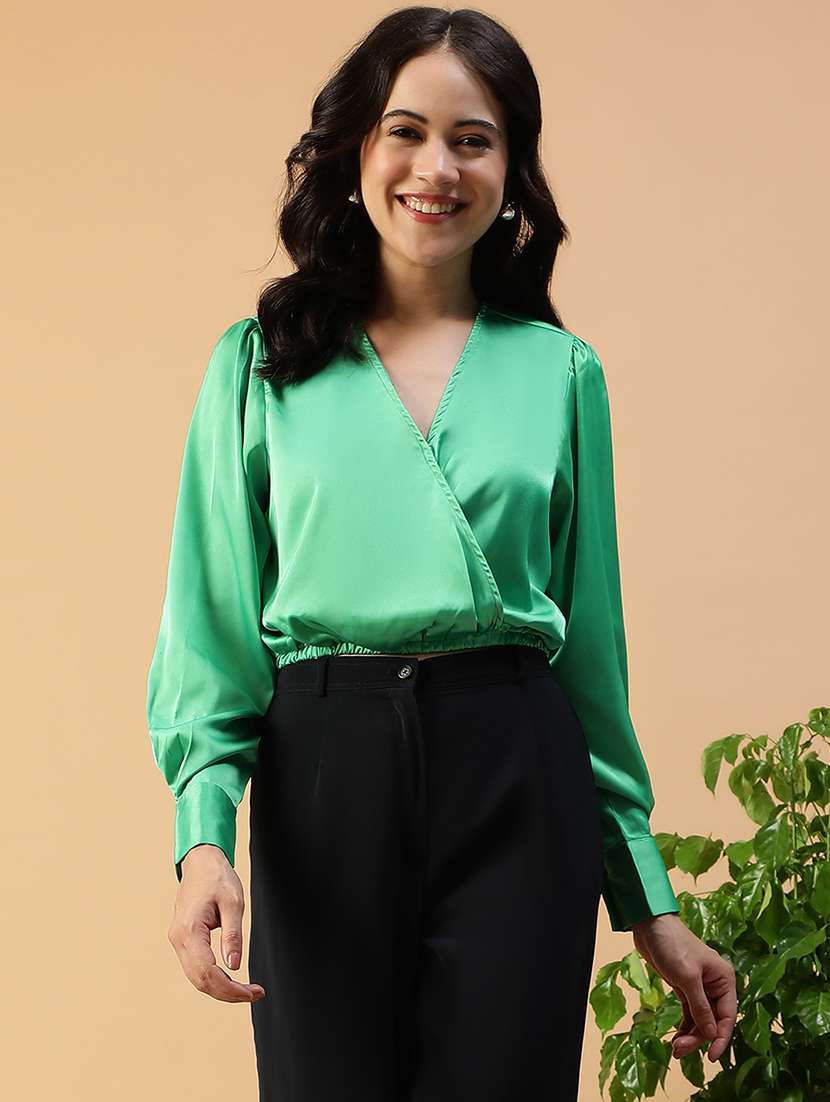 women solid long sleeve mock wrap crop top - 22082600 -  Zoom Image - 0