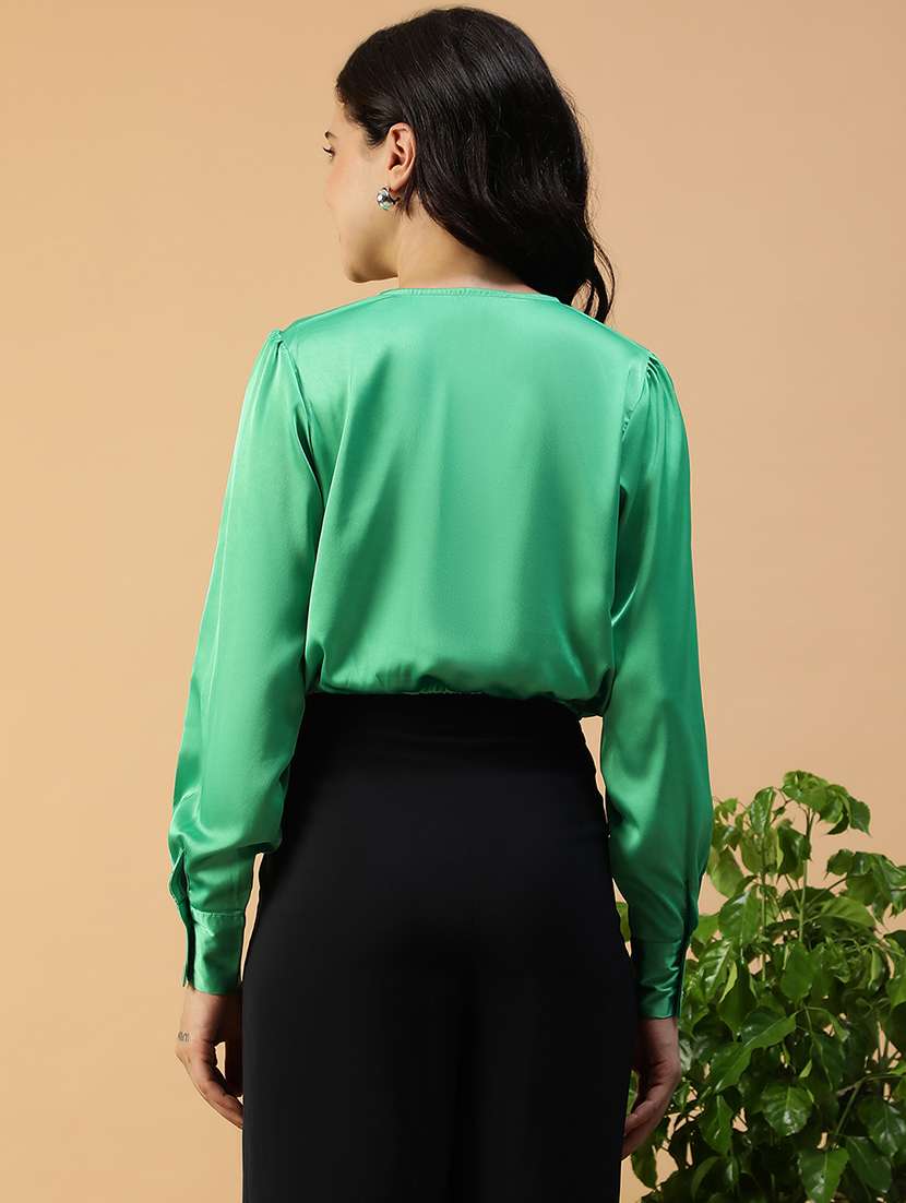 women solid long sleeve mock wrap crop top - 22082600 -  Standard Image - 3