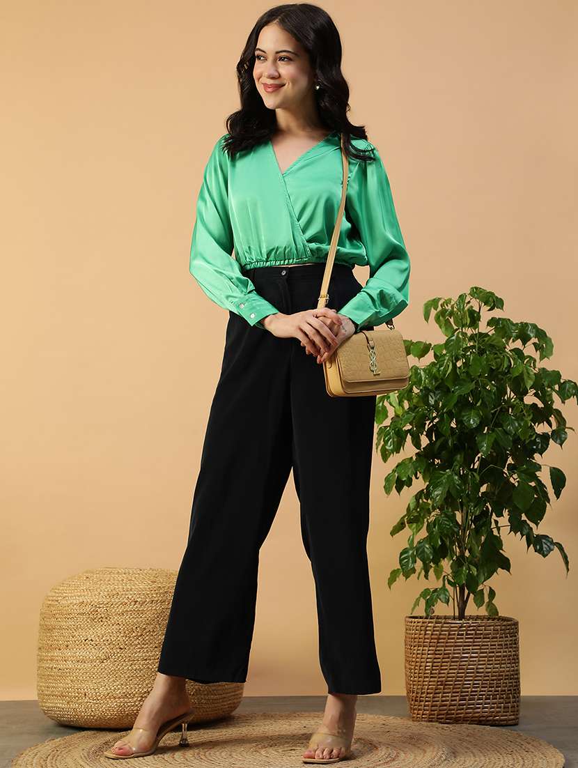 women solid long sleeve mock wrap crop top - 22082600 -  Standard Image - 5