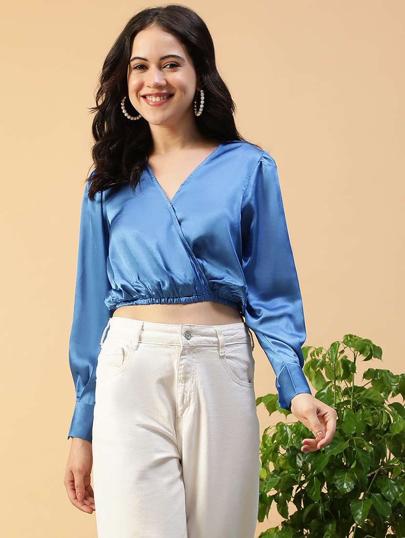 women solid long sleeve mock wrap crop top - 22082601 -  Zoom Image - 0