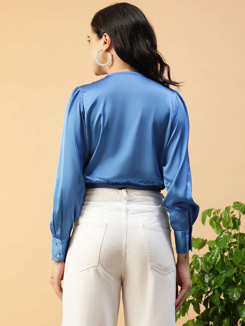 women solid long sleeve mock wrap crop top - 22082601 - Standard Image - 3