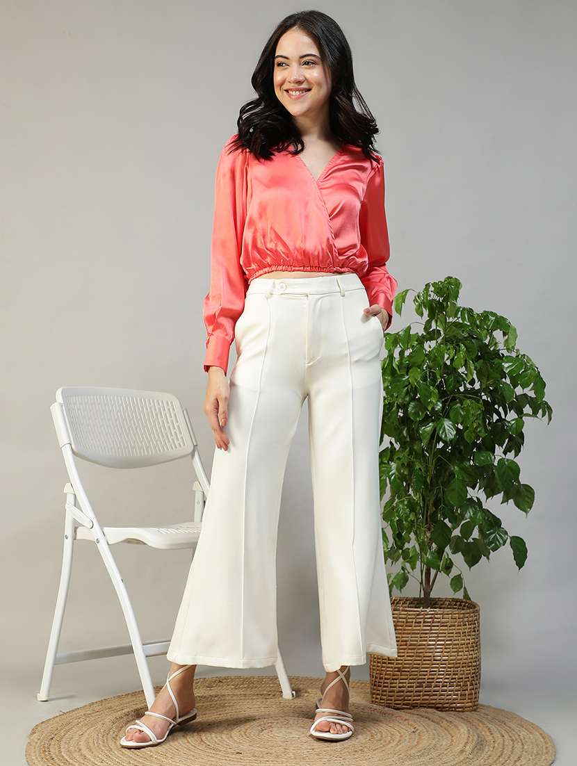 women solid long sleeve mock wrap crop top - 22082602 -  Standard Image - 5