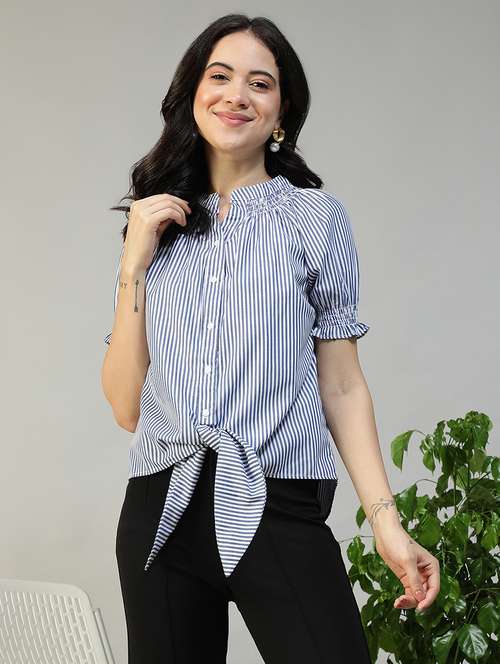 women striped  puff sleeve knot detailed top - 22082603 -  Standard Image - 0