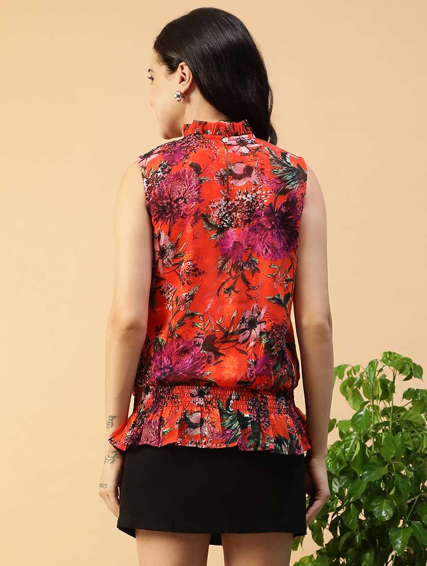 women floral print mock neck sleeve regular fit top - 22082607 - Standard Image - 3