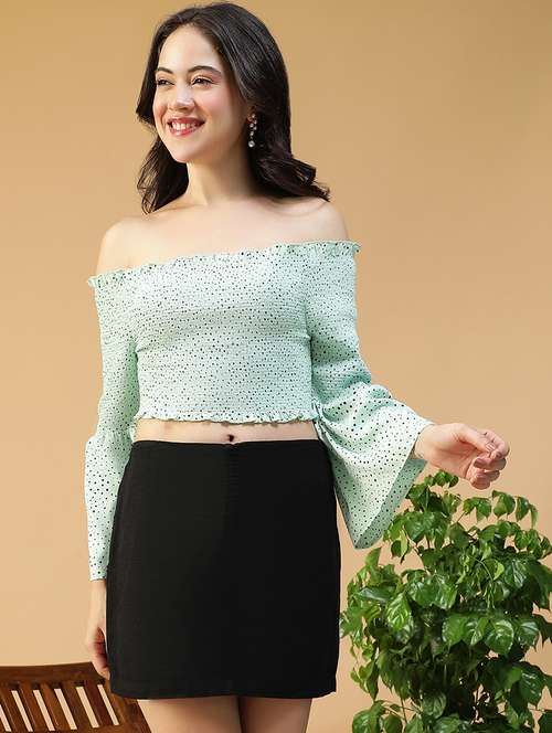 women polka doted off shoulder smocked crop top - 22082608 -  Standard Image - 0
