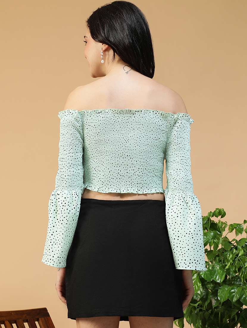 women polka doted off shoulder smocked crop top - 22082608 -  Standard Image - 3