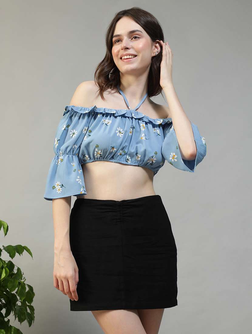 women floral print off shoulder crop top