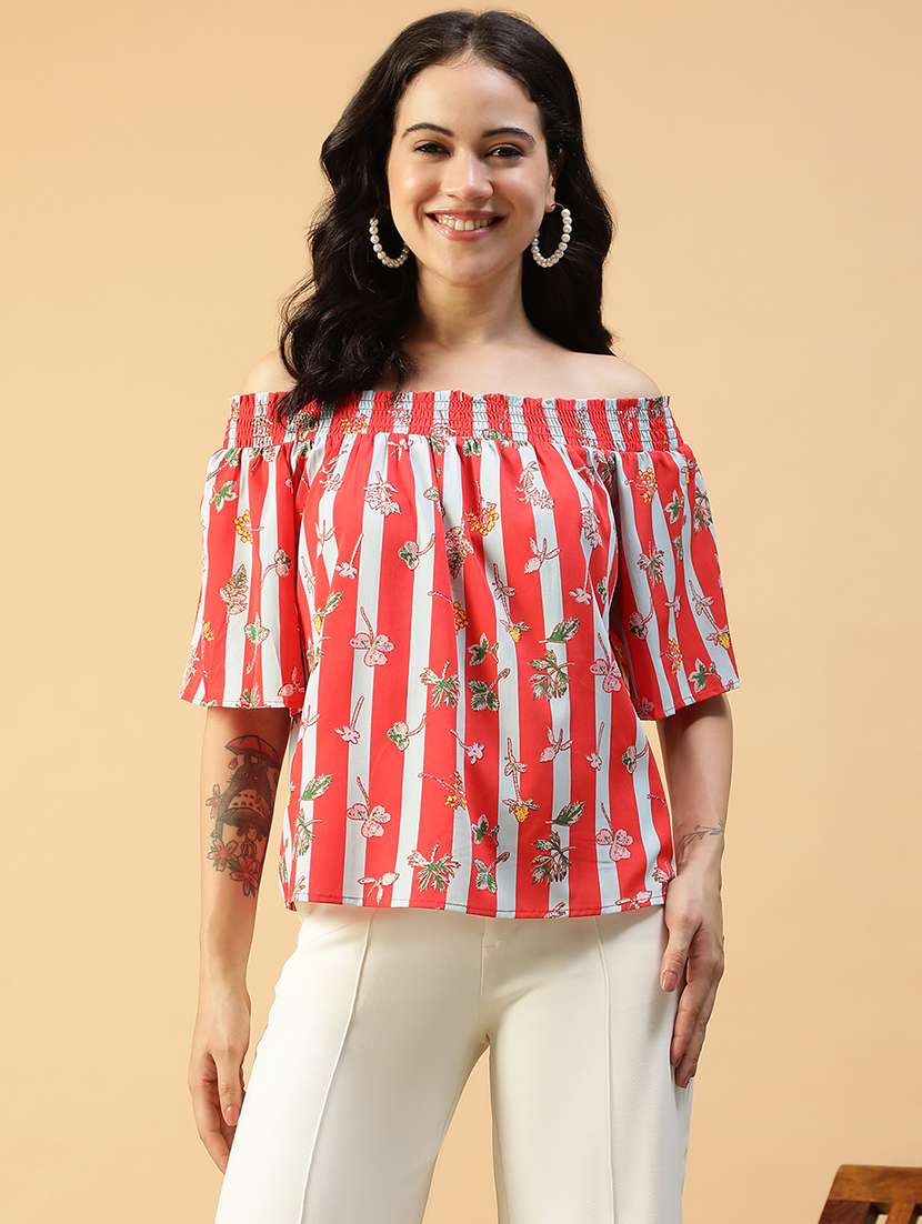 women printed off shoulder short sleeve regular top - 22082610 -  Zoom Image - 0