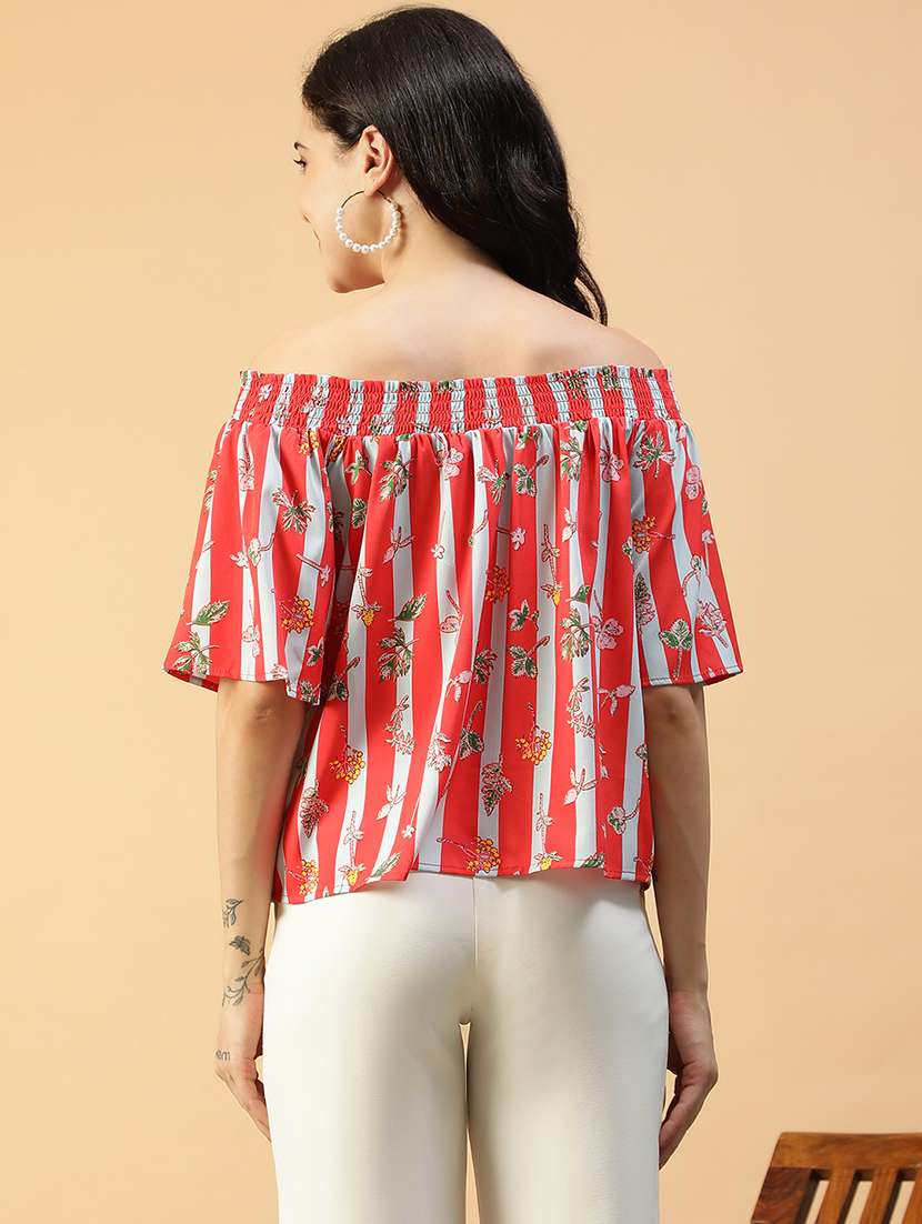 women printed off shoulder short sleeve regular top - 22082610 - Standard Image - 3