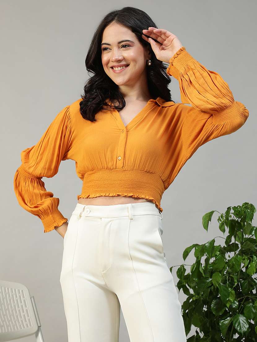 women solid puff sleeve collared crop top - 22082614 -  Zoom Image - 0