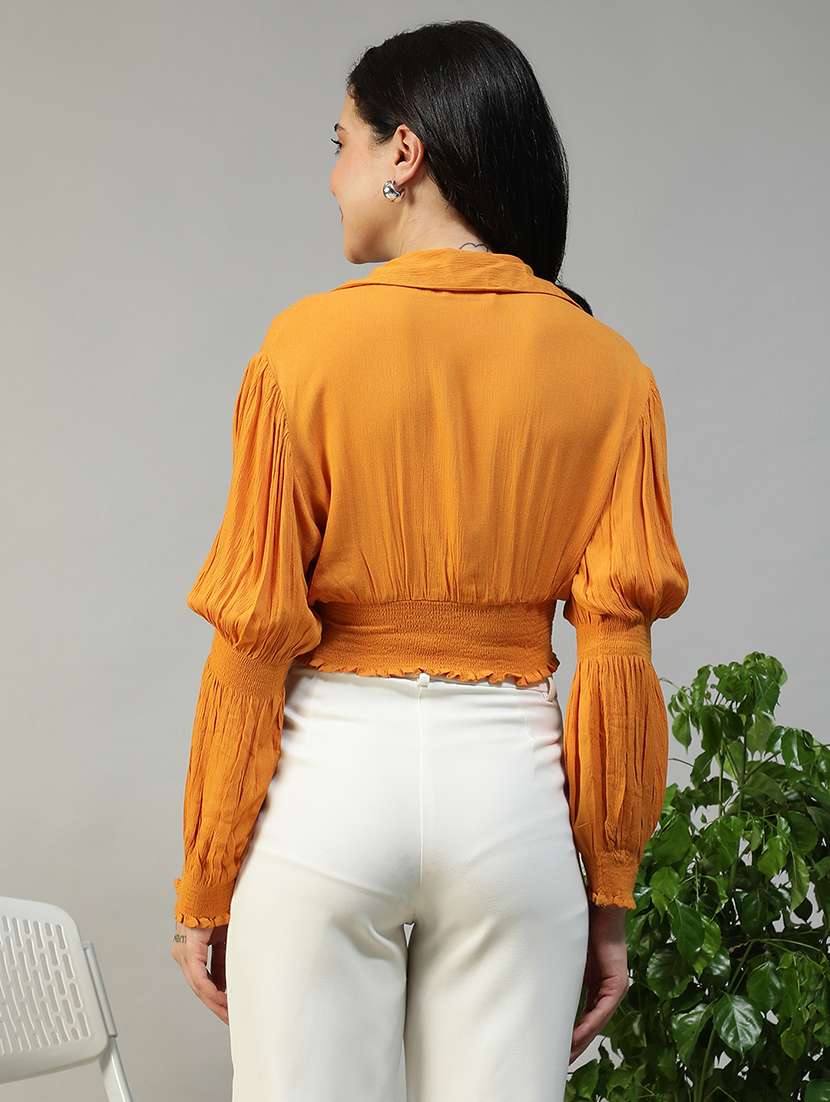 women solid puff sleeve collared crop top - 22082614 -  Standard Image - 3