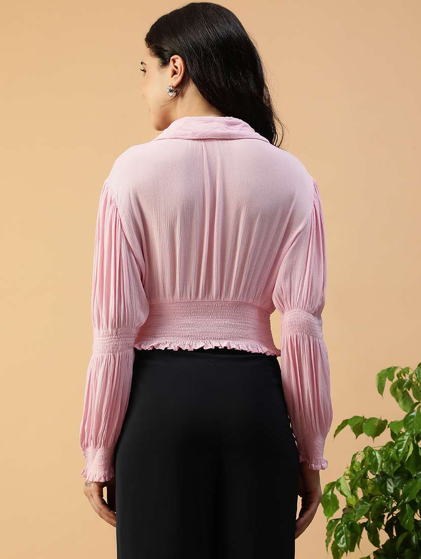 women solid puff sleeve collared smocked crop top - 22082615 -  Standard Image - 3