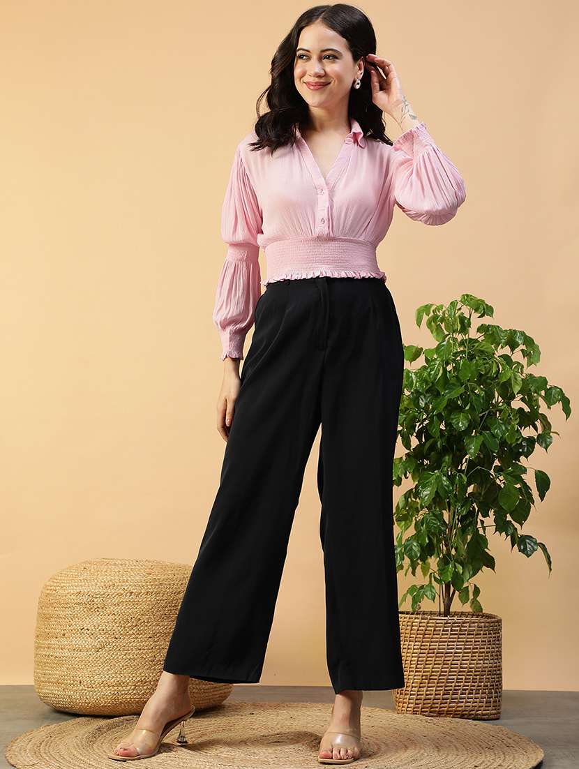 women solid puff sleeve collared smocked crop top - 22082615 -  Standard Image - 5