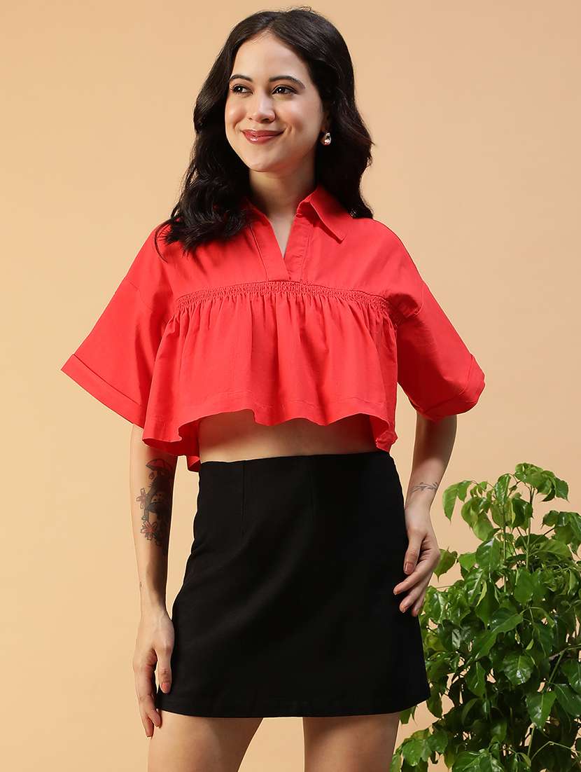 women solid bell sleeve collared crop top - 22082621 - Zoom Image - 0
