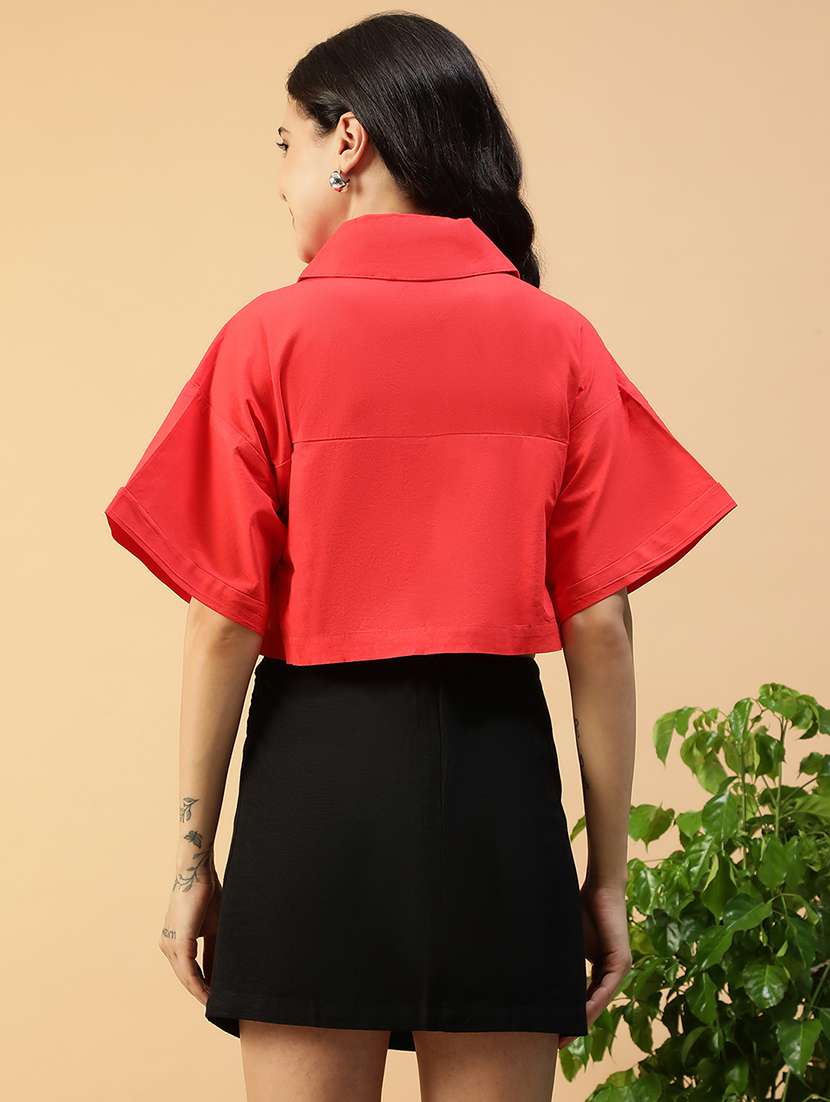 women solid bell sleeve collared crop top - 22082621 - Standard Image - 3