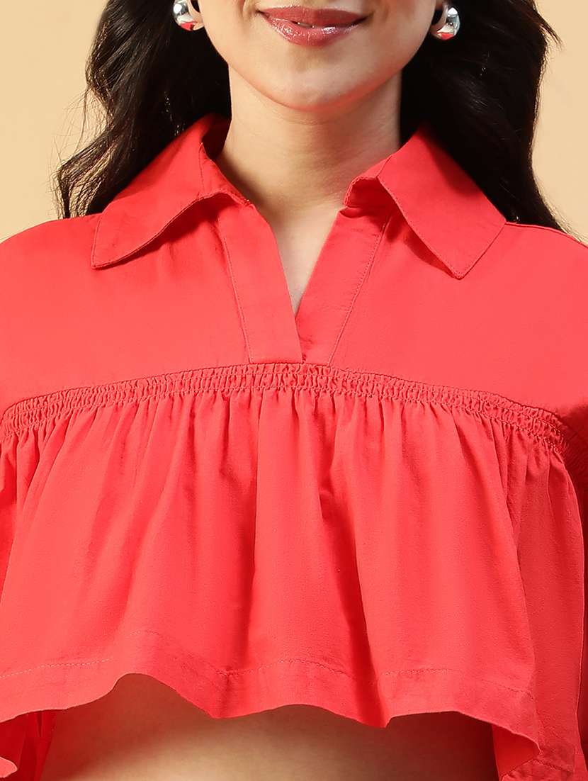 women solid bell sleeve collared crop top - 22082621 - Standard Image - 5