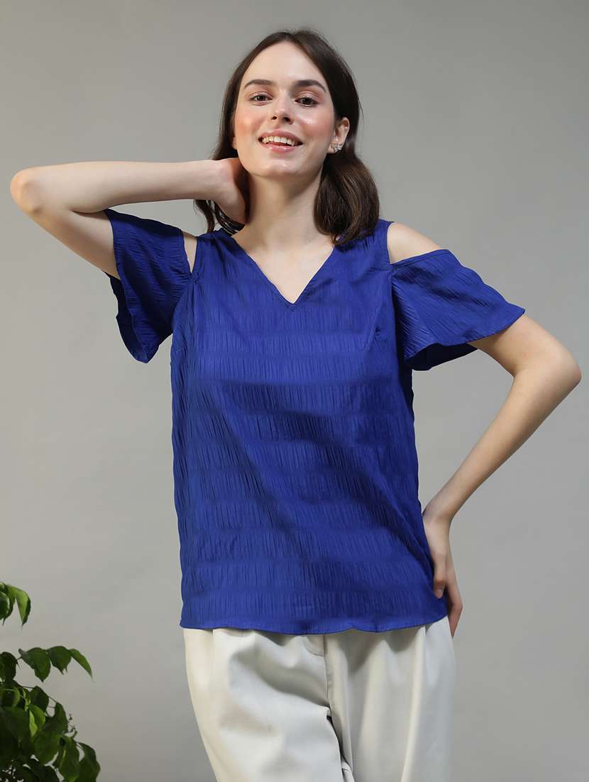women blue solid cold shoulder regular fit top - 22082624 -  Zoom Image - 0