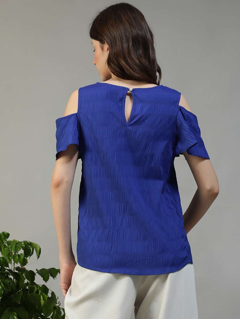 women blue solid cold shoulder regular fit top - 22082624 -  Standard Image - 3
