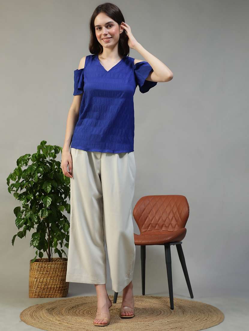 women blue solid cold shoulder regular fit top - 22082624 -  Standard Image - 5