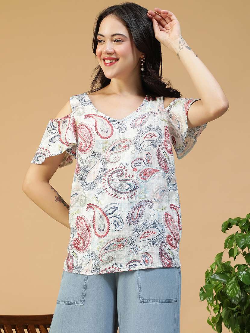 women printed cold shoulder regular fit top