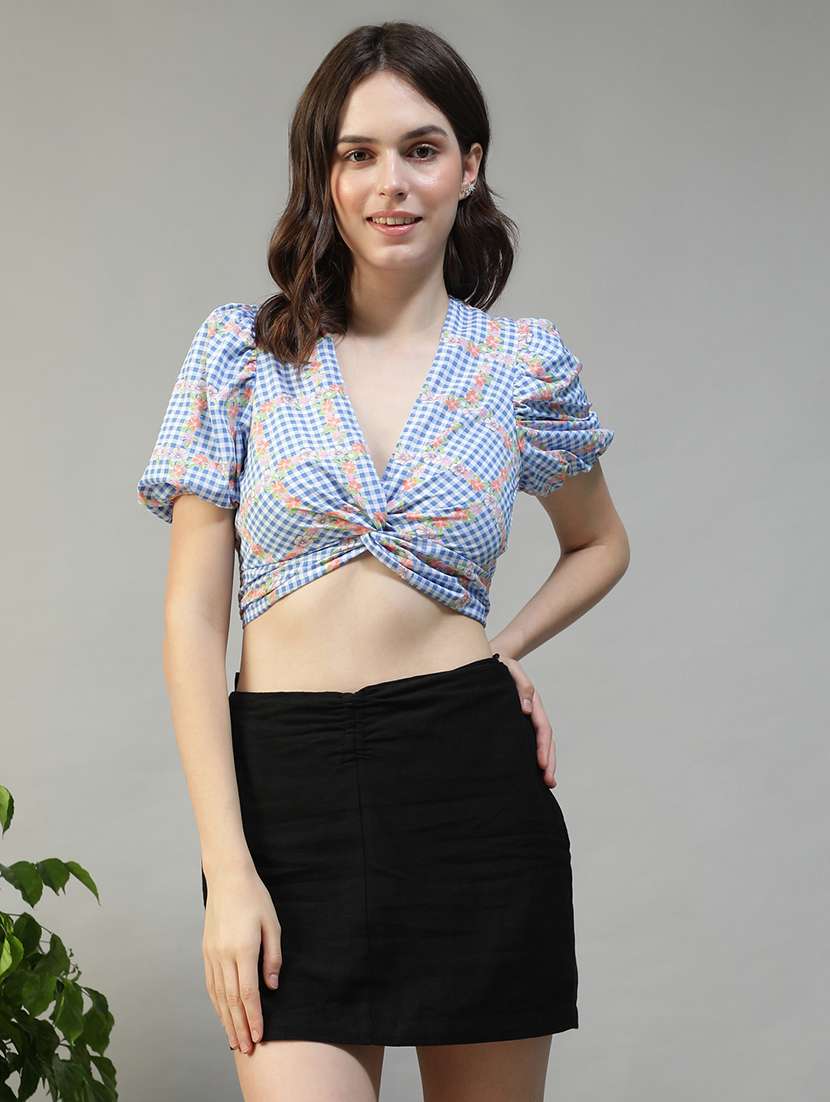women checkered puff sleeve crop top