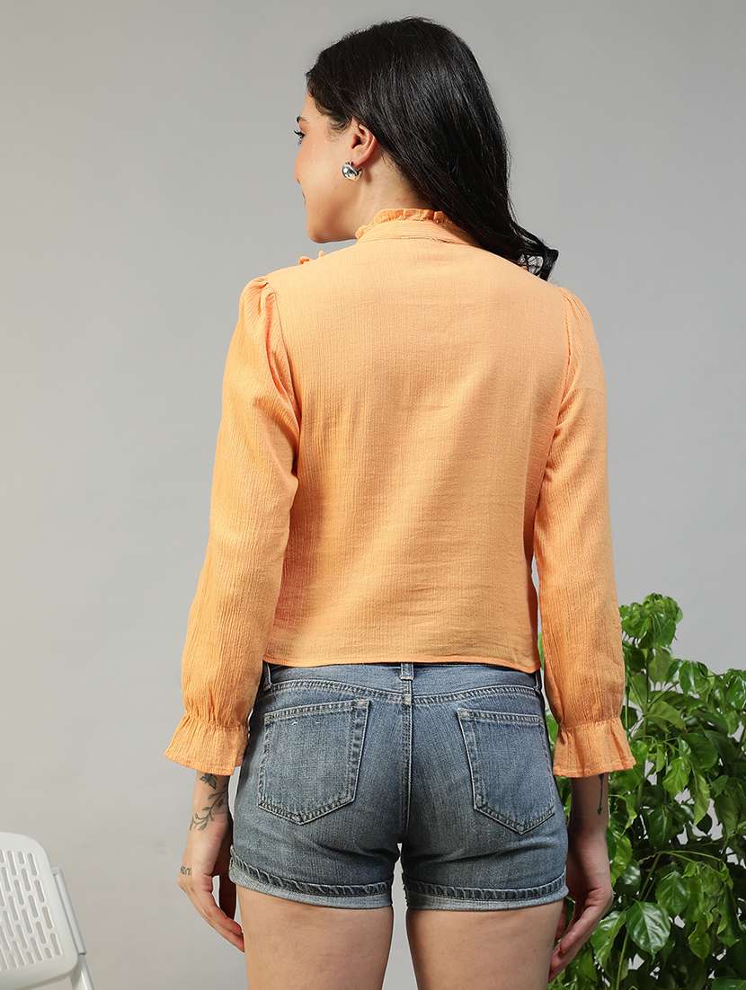 women solid long sleeve ruffle detailed crop top - 22082631 - Standard Image - 3