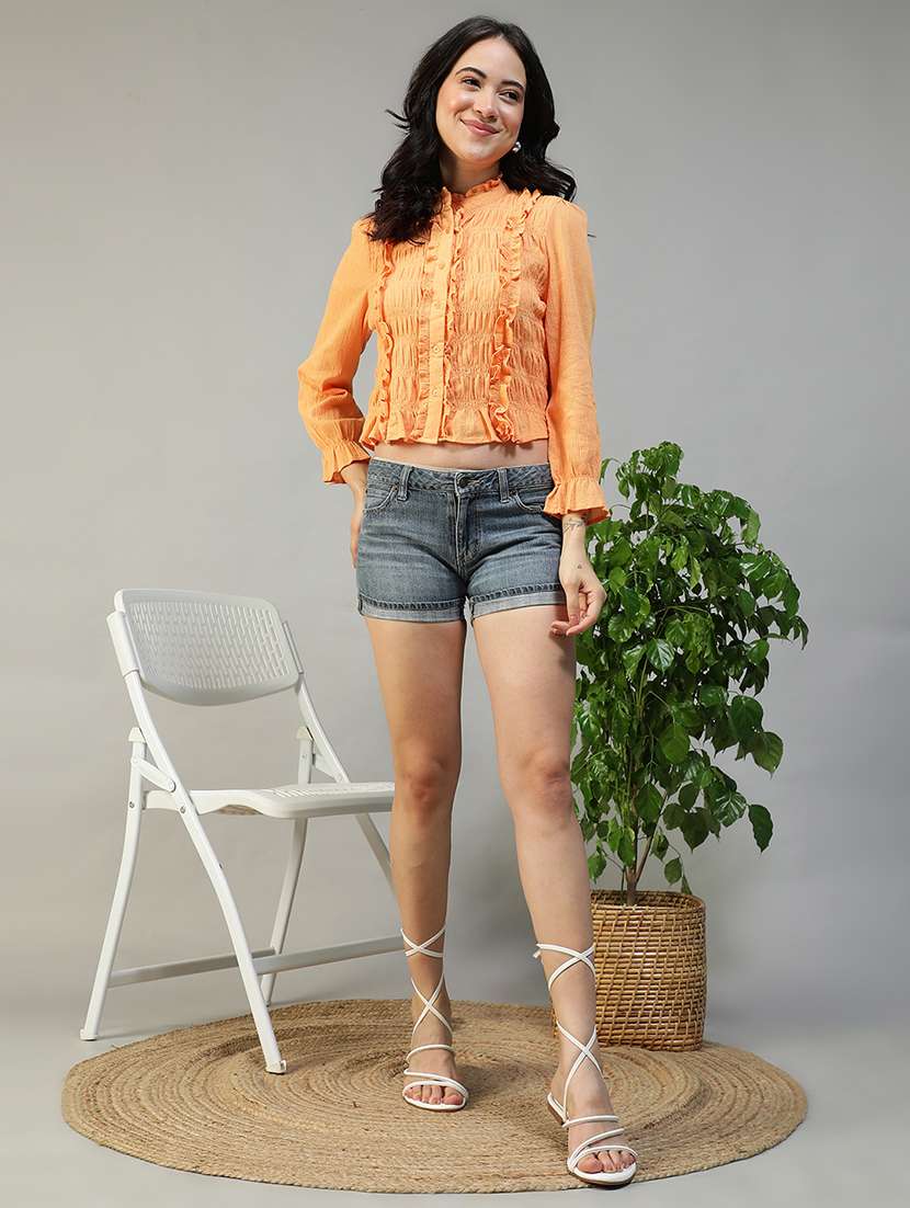women solid long sleeve ruffle detailed crop top - 22082631 - Standard Image - 5