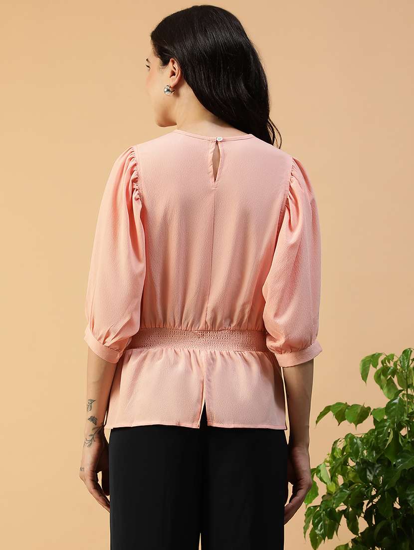women solid puff sleeve peplum top - 22082635 -  Standard Image - 3