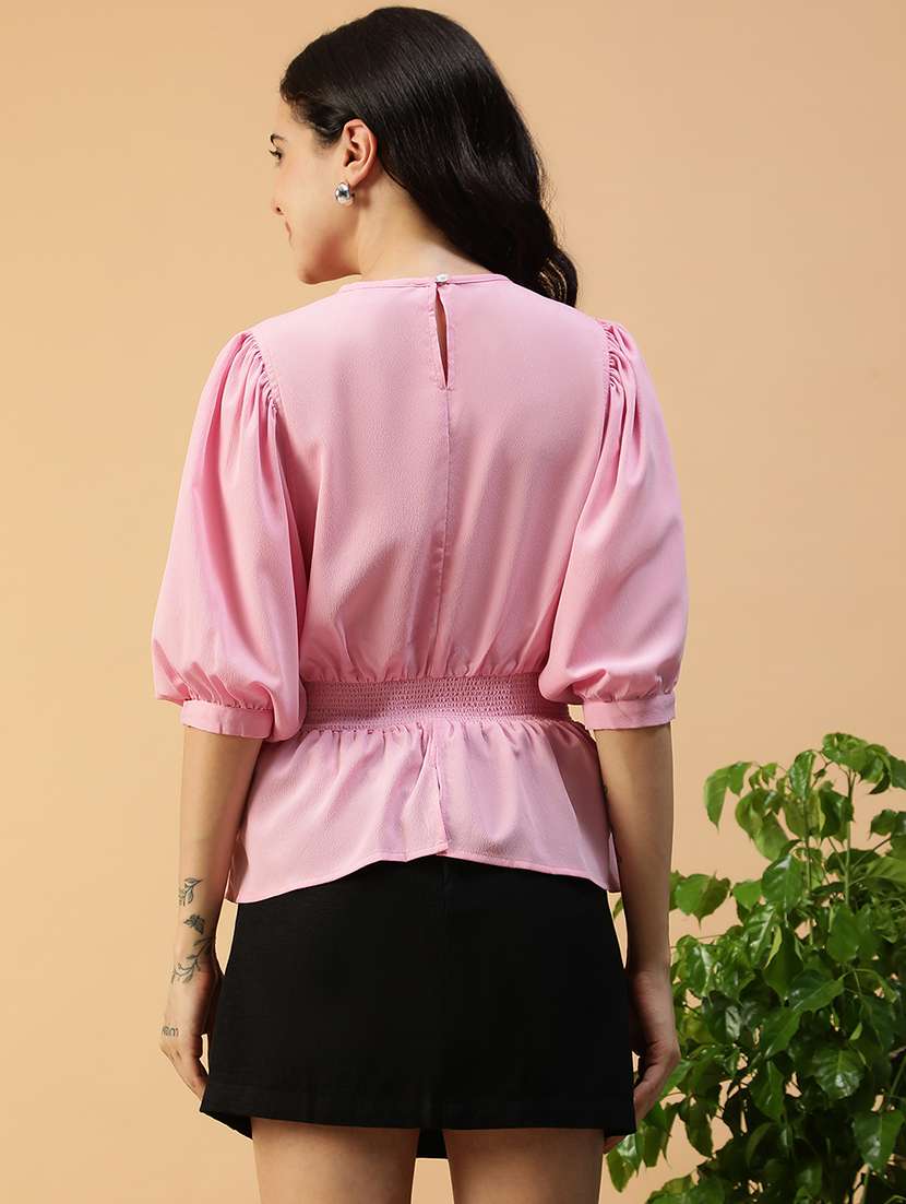 women solid puff sleeve peplum top - 22082637 -  Standard Image - 3