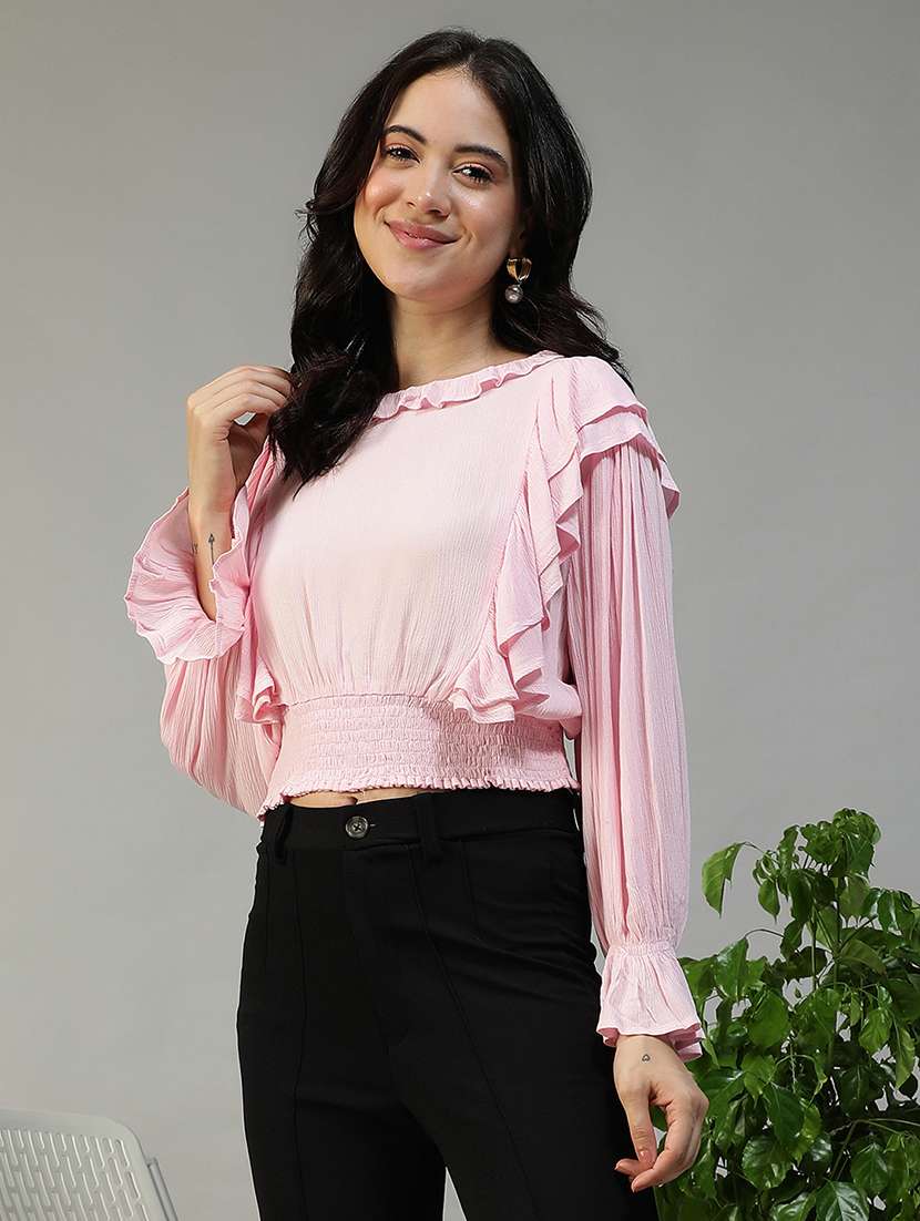 women solid long sleeve ruffle detailed crop top - 22082639 -  Zoom Image - 0